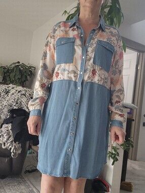 Tribal Denim and Floral Button-Up Shirt Dress - Blue, Cream, Pink